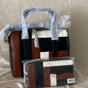 Fossil Black, Brown, and White Satchel and wallet